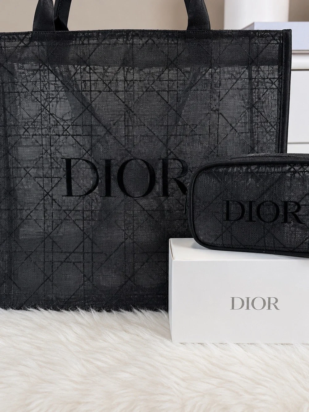 Dior Black Mesh Tote with Matching Black Pouch